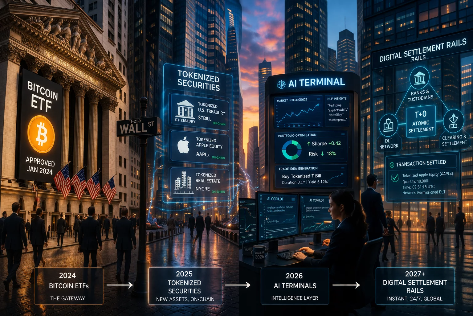 A cinematic editorial illustration showing Wall Street transitioning from Bitcoin ETFs to tokenized securities, AI terminals, and digital settlement rails.