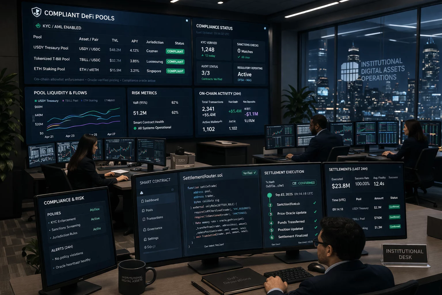 control-room style image showing compliant DeFi pools, institutional desks, and smart-contract-driven settlement dashboards.