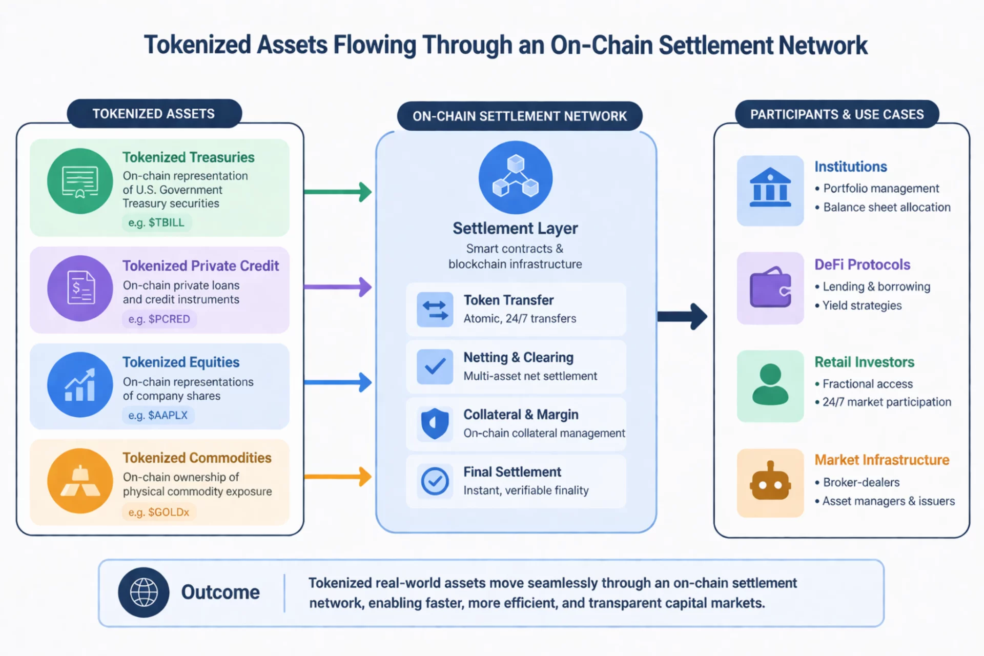 infographic showing tokenized Treasuries, private credit, equities, and commodities flowing through an on-chain settlement network.