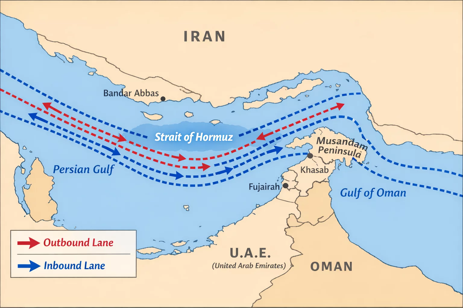 Map of the Strait of Hormuz with shipping lane routes highlighted