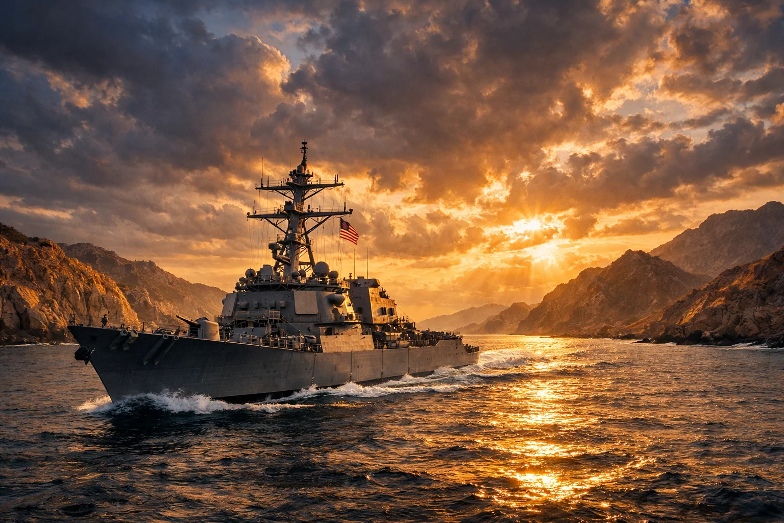 U.S. Navy destroyer sailing through the Strait of Hormuz