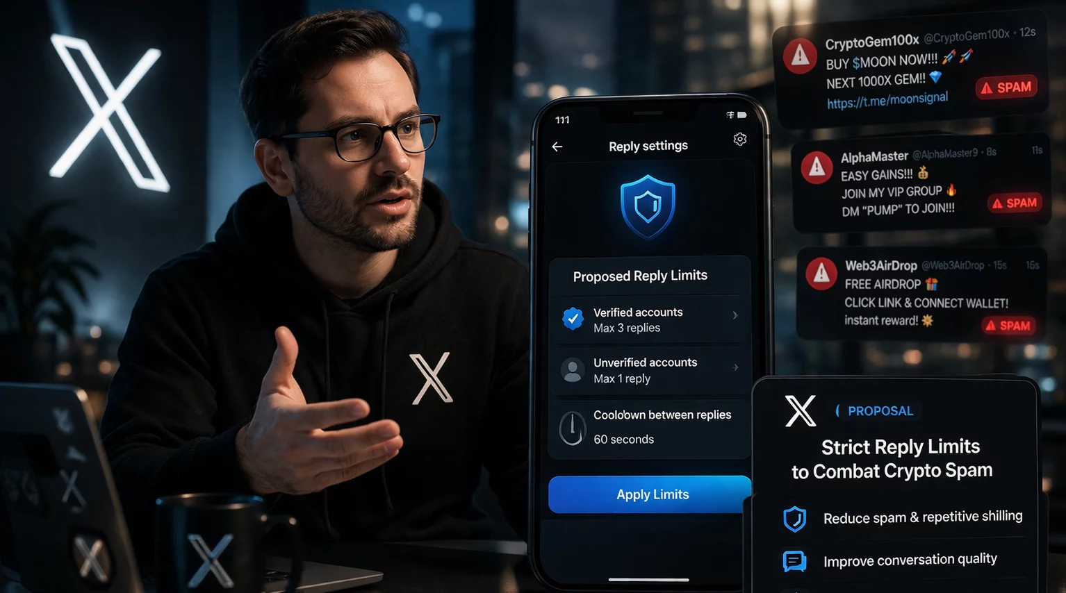 X Product Lead Proposes Strict Reply Limits to Combat Crypto Spam